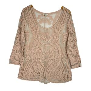 Saint Tropez West Sheer Lace Blouse Womens XL Blush Pink Embroidered Floral Top